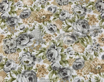 Tela de algodón estampada vintage de 2,9 yardas, con flores en tonos verde crema y amarillo, ideal para acolchado y costura primaveral.