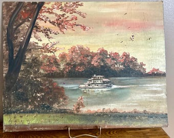 Vintage Hand Painted Oil Painting, Fall Landscape, River Boat 20 in. x 15.75 in.