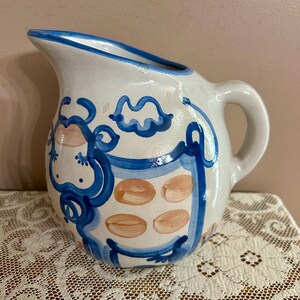 Large 2 Qt. Cow M.A. Hadley Pot Belly Pitcher, Water Milk Juice, Country Scene, Blue Glazed Pottery