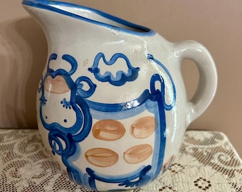 Large 2 Qt. Cow M.A. Hadley Pot Belly Pitcher, Water Milk Juice, Country Scene, Blue Glazed Pottery