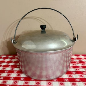 May include: A round, brushed aluminum cooking pot with a matching lid and a black knob handle. The pot features a thin, dark metal wire bail handle attached to two side loops, allowing for easy carrying and hanging of the vessel during use.