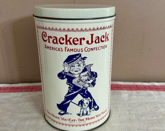 Vintage Cracker Jack Tin, 1980 Advertising Canister, 1920's Replica, White Red Blue Decor