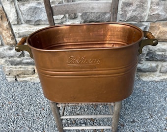 Vintage Shiny Copper Boiler Wash Tub, Beherns Winona, MN Firewood Kindling Storage Fireplace Decor