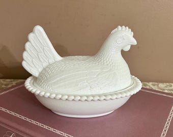 Vintage Indiana Glass Hen on Nest, 7 Inch, White Milk Glass, 1960s Candy Trinket Dish
