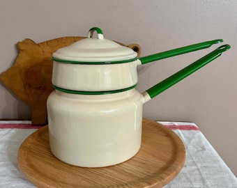 Vintage Green Cream Enamelware Double Boiler Pot w Lid, Depression Era Rustic Farmhouse Kitchen