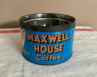 Maxwell House Coffee Can, 1 lb. Blue White Orange Metal Tin, Vintage Farmhouse Kitchen Planter Decor