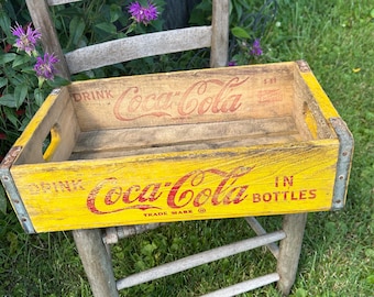 1969 Vintage Coca Cola Crate, Yellow Wooden Coke, Soda Case, Aged Rustic Decor