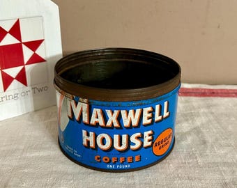 Vintage Maxwell House Coffee Can, 1 lb. Blue White Orange Metal Tin, Aged Rustic Kitchen Decor Planter
