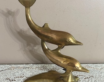 Vintage Brass Dolphins, 10.5 in tall, Aquatic Animal Decor, Warm Patina