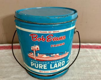 Vintage Bob Evans Lard Can, Tin Pail Bucket 4 lb. Size, Rustic Red White Blue, Ohio Advertising