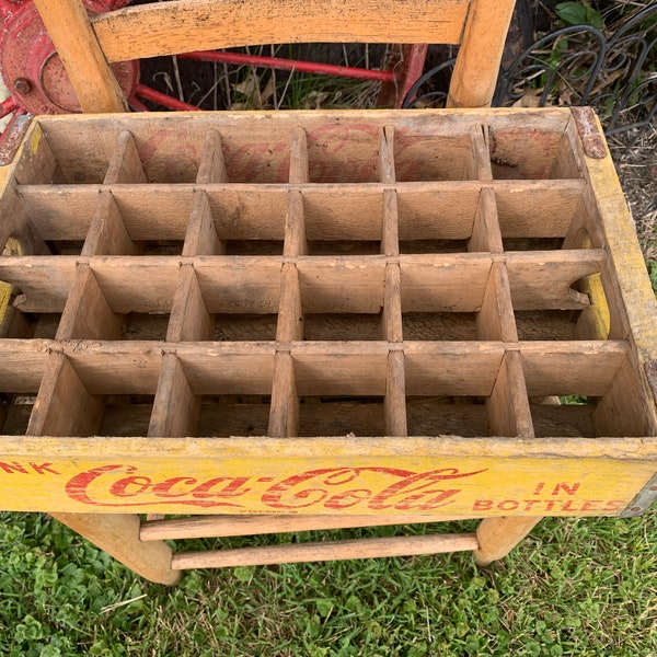 1964 Vintage Coca Cola Crate, DIVIDED Yellow Wooden Coke Chattanooga Soda Case Wood, Rustic Farmhouse Porch Kitchen Craft Room Gift
