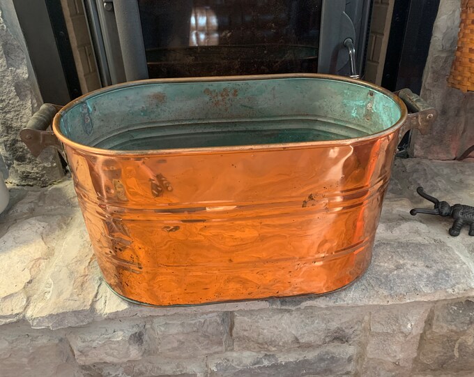 Antique Shiny Copper Boiler, Large Wash Tub, Firewood Firepit Kindling