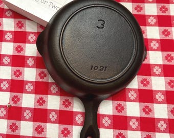 Small Vintage #3 Iron Mountain Cast Iron Skillet 1031 Heat Ring, Restored Griswold 1940s, 6.5 Inch