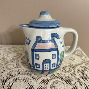 Vintage M.A. Hadley Cottage Home Teapot w Lid, Hand Painted Blue Glazed Pottery, Country Scene 2 Cup Tea Pot