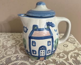 Vintage M.A. Hadley Cottage Home Teapot w Lid, Hand Painted Blue Glazed Pottery, Country Scene 2 Cup Tea Pot