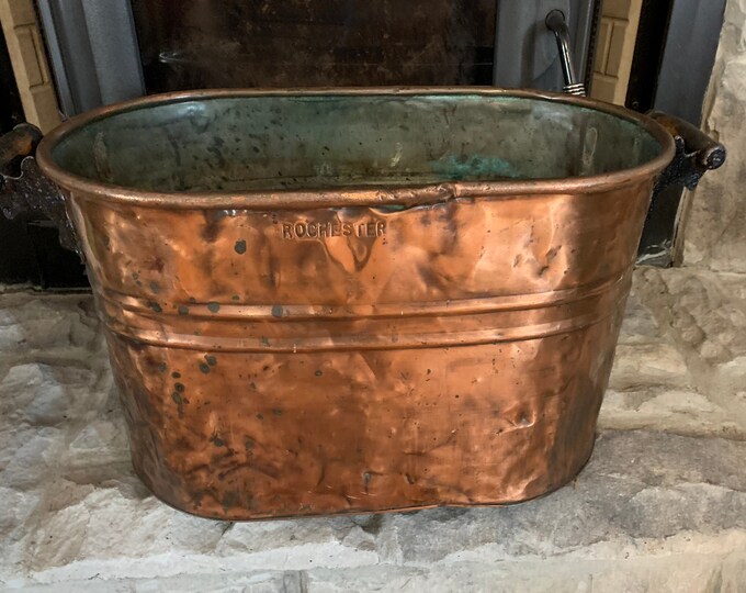 Antique Copper Firewood Holder, Rochester Boiler, Rustic Farmhouse