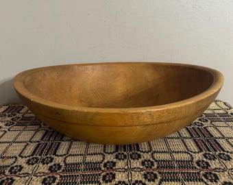 Large Vintage Wooden Bowl with Band, Off Round, 15 inch diameter, Rustic Kitchen Home Decor