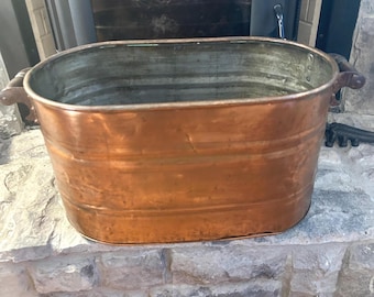 Vintage Copper Boiler Wash Tub, Warm Patina, Firewood Kindling Storage Fireplace Decor