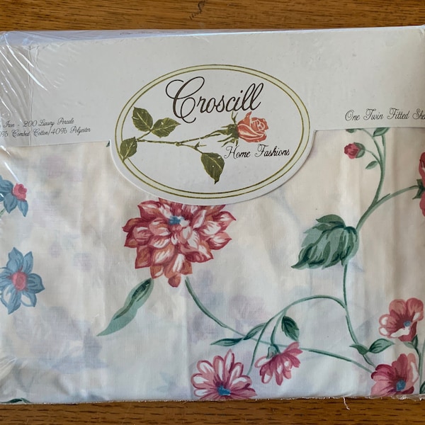 Croscill Twin Fitted Sheet, Vintage Floral Unused, Still in Package New Old Stock, Upcycle Slow Fashion Home Decor Sewing