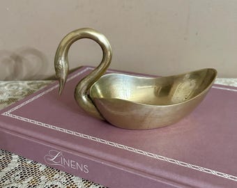 Vintage Brass Swan Candy Trinket Dish, 1970's Cottage Decorating