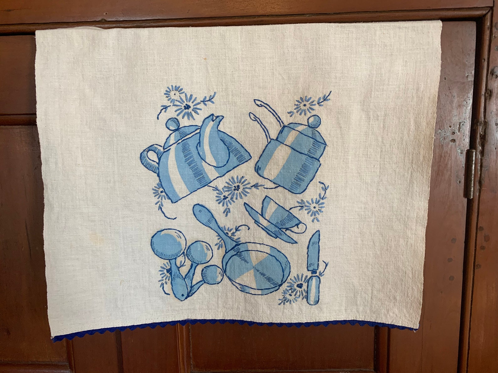 TWO Vintage Hand Embroidered Tea Towels Blue White Cotton Etsy
