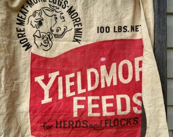 Saco de tela Yieldmor para pienso, saco de pienso vintage de Piqua, Ohio, tela rústica de algodón sin blanquear en rojo y negro para granja.