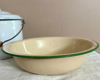 Vintage Cream & Green Enamelware Wash Basin Pan: Chippy Rustic Decor, 11.25 inch Diameter