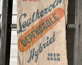 Vintage Hybrid Corn Seed Sack, Ira Leatherock Hartsville, Double Sided Indiana Rustic Unbleached Cotton Farm Bag