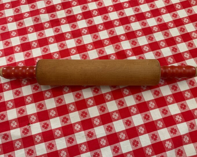 Vintage Wood Rolling Pin With Red Handles, Baking Kitchen Display