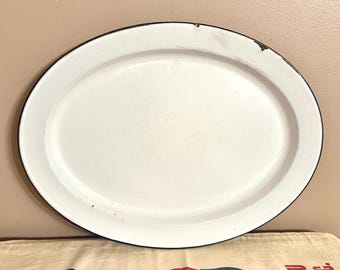 Bandeja grande de esmalte blanco antiguo, bandeja de cocina primitiva de esmalte rústico descascarillado ovalada de 18 pulgadas