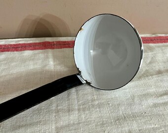 Vintage White Black Enamelware Ladle, Chippy Enamelware Rustic Cabin Porch, Prim Farmhouse Home Decor, approx. 13.5 in. long