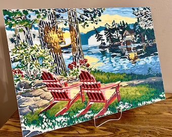 Lake Cottage Cabin Painting, Adirondack Chairs, Paint by Number,  19x13 inch
