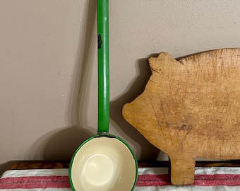 Vintage Green Cream Enamelware Ladle, Depression Era, Cottage Farmhouse Kitchen Decor, 13 inch
