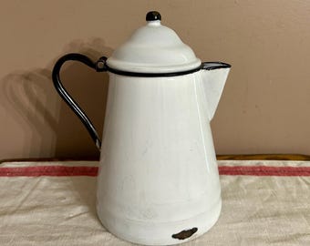 Vintage White Enamelware Coffee Pot with Black Trim, Chippy Enamel Prim Kitchen Decor