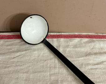 Vintage White Black Enamelware Ladle, Enamelware Rustic Cabin Porch, Prim Cabin Farmhouse Home Decor, approx. 12  in. long