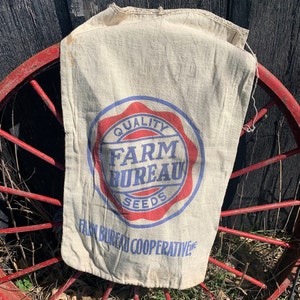 Vintage Farm Bureau Cloth Seed Sack, Red White Blue Unbleached Cotton, Sustainable Farmhouse Barn Decorating Summer Sewing Project Fabric