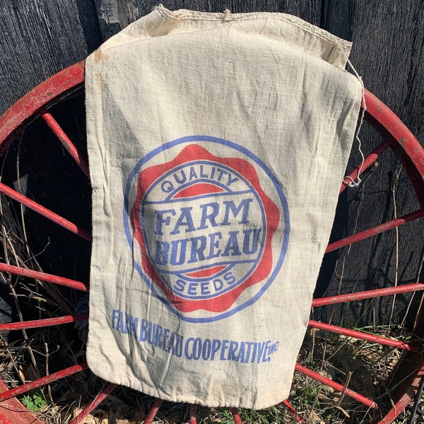 Vintage Farm Bureau Cloth Seed Sack, Red White Blue Unbleached Cotton, Sustainable Farmhouse Barn Decorating Summer Sewing Project Fabric