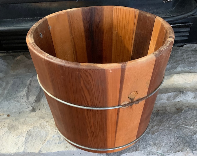 Vintage Wooden Ice Cream Bucket, Rustic Pine Freezer Base W Wire Bands