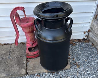 Vintage Black Milk Can w Lid, Five Gallon,  Heavy Metal 20 inch, Rustic Farm Fall Porch Decor