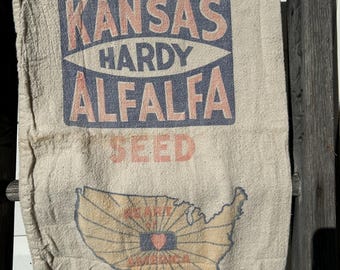 Vintage Kansas Alfalfa Seed Sack, Heart of America USA Graphic, Unbleached Cotton, Repurpose Fabric