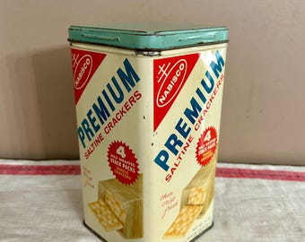 Vintage 1960s Nabisco Cracker Tin, Metal Advertising Canister, Red Blue White, Kitchen Storage Decor