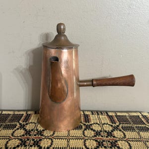 Vintage Copper Chocolate Pot Lidded w Wood Handle, Turkish Coffee, Tin Lining Rustic Home Decor