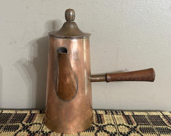 Vintage Copper Chocolate Pot Lidded w Wood Handle, Turkish Coffee, Tin Lining Rustic Home Decor