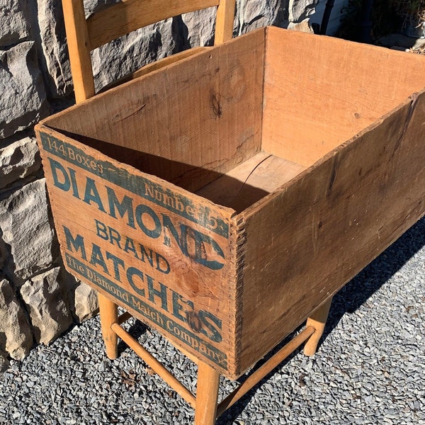 Large Diamond Brand Matches Wooden Box, Antique Advertising Crate, Farmhouse Cabin Firewood Kindling Storage Display 24 in x 16.75 x 11.5