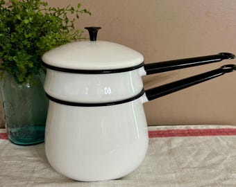 Vintage White Enamelware Double Boiler Pot w Lid, Black Trim, For Making Candy, Melting Candle Wax