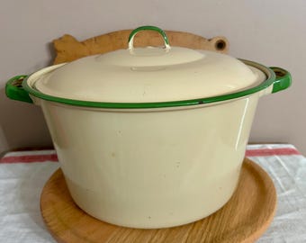 Vintage Cream Green Enamelware Stock Pot w Lid, 12 inch Rustic Farmhouse Enamel Kitchen Porch Decor