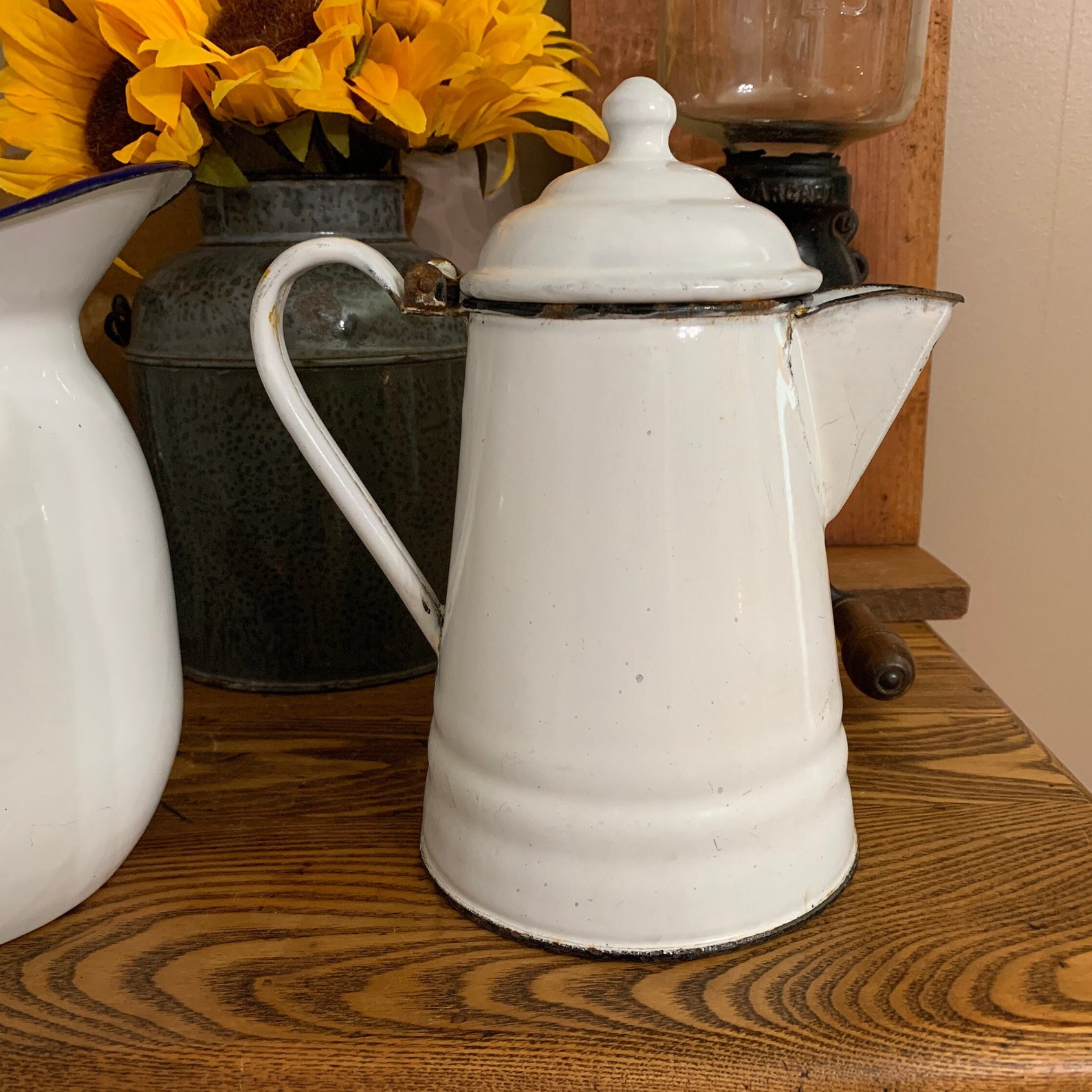 Vintage White Enamelware Coffee Pot With Black Trim Chippy Etsy