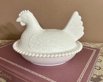Gallina en nido de cristal vintage de Indiana, 18 cm, cristal blanco opalino, plato para dulces y baratijas de la década de 1960.