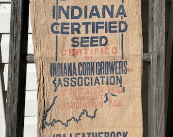 Vintage Aged Indiana Corn Seed Sack, Ira Leatherock Hartsville, Unbleached Cotton Farm Bag, Repurpose Fabric