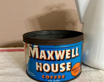 Lata de café Maxwell House, 450 gramos. Lata de metal azul, blanca y naranja, decoración vintage para cocina estilo granja.